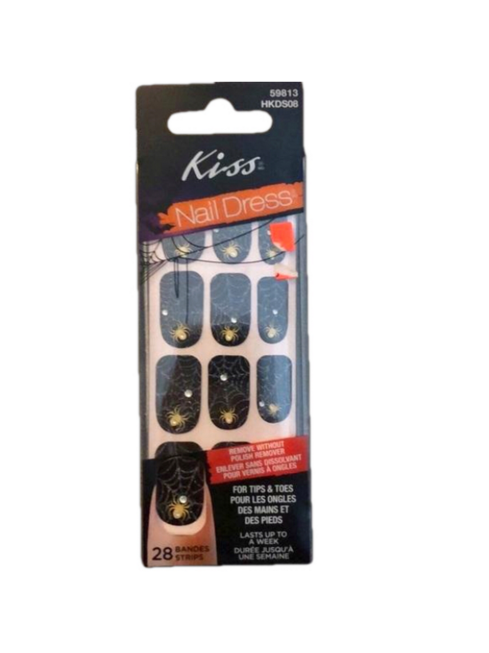 Kiss Nail Dress Press-On Nails Tips & Toes 28 Strips Spider & Web Theme